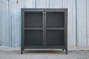 Industrial end table with mesh doors