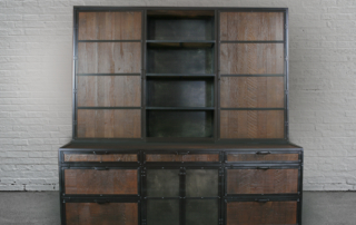 vintage style reclaimed wood file cabinet with hutch shelving for additional storage.